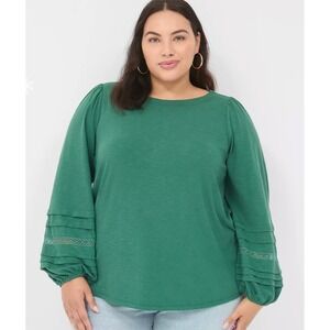 Lane Bryant Top Women Plus 22/24 Green Peasant Balloon Sleeve Boho Knit